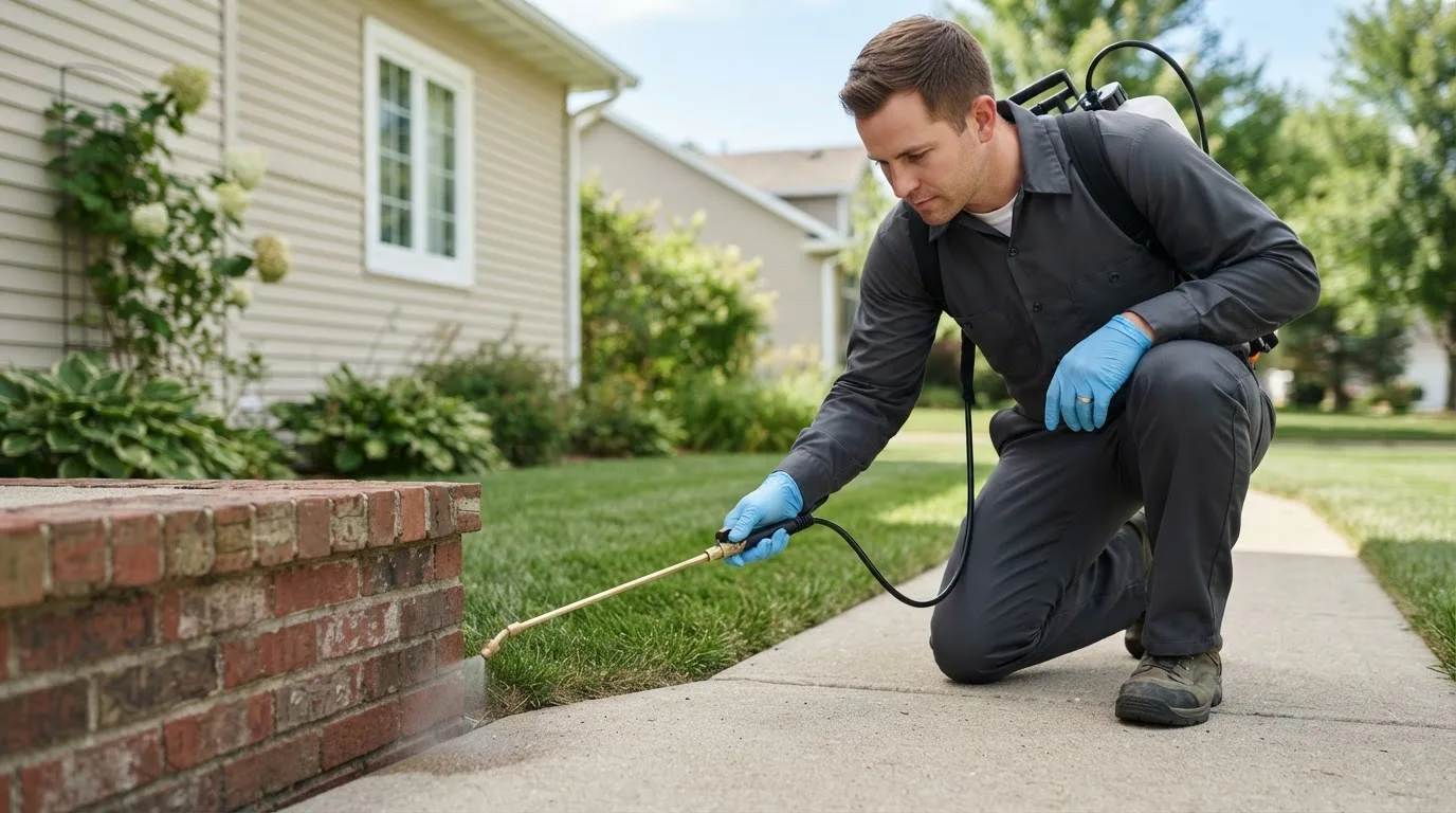 Pest control technician treating a home near Wilmot, NH